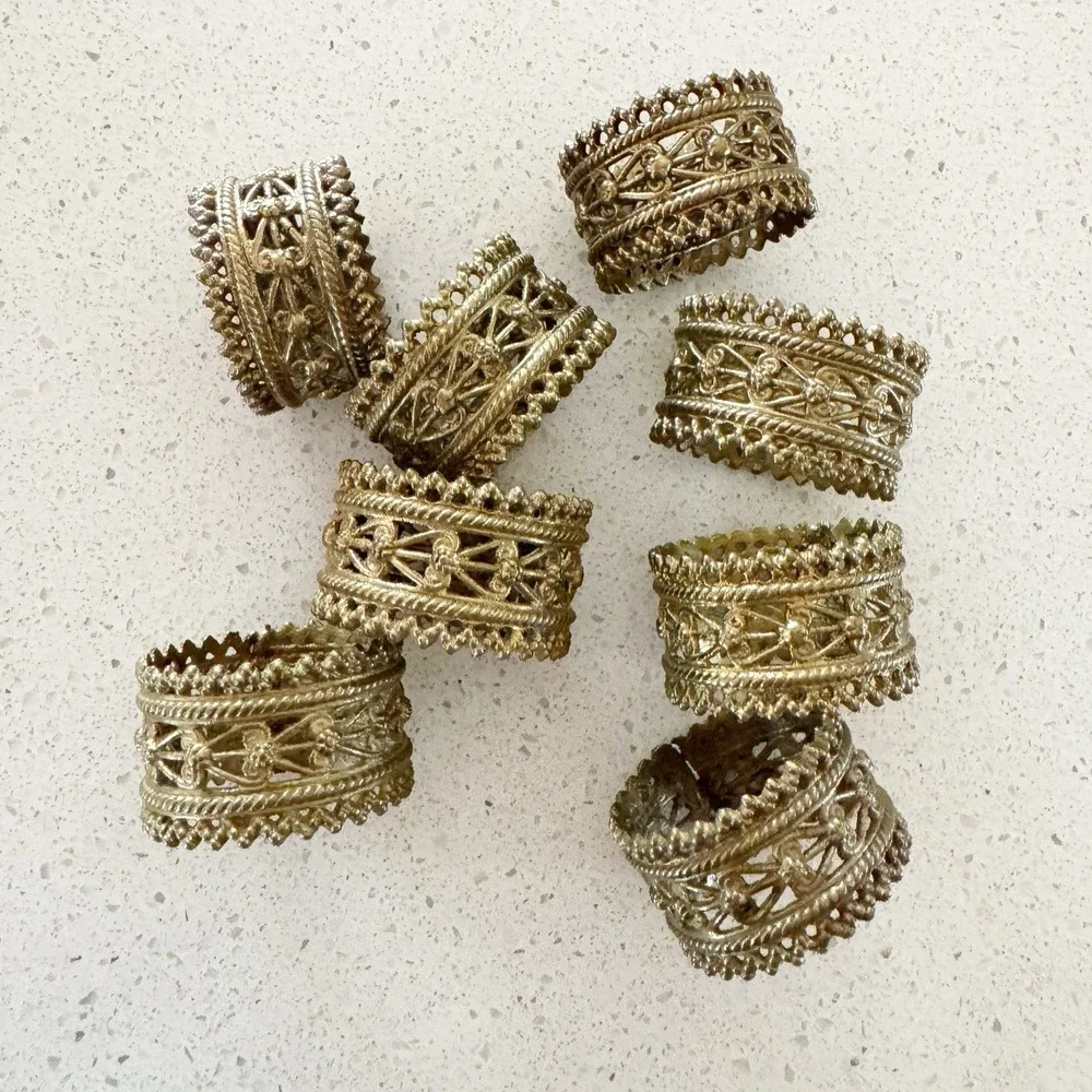 8 Vintage Brass Napkin Rings Filigree Ornate Napkin Holder Boho Chic